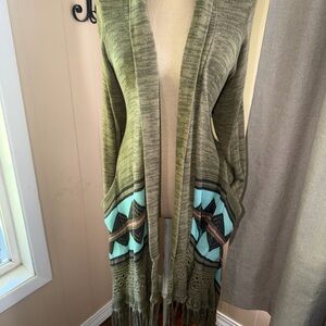 Billabong Olive Open-Front Cardigan with Aztec Trim and Fringe